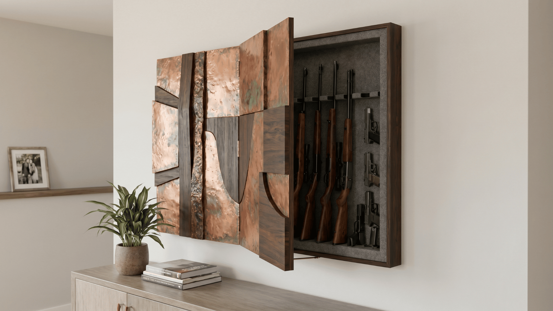 wall-mounted art piece partially open revealing hidden gun storage behind it
