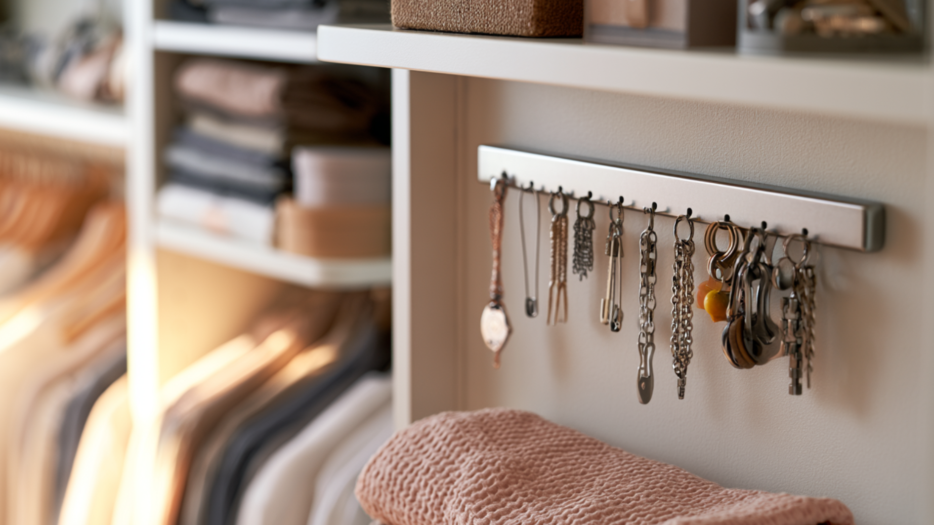 wall-mounted hook rail holding keys and small accessories inside an organized closet shelf