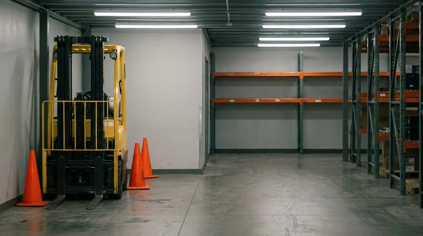 Yellow forklift parked in a warehouse aisle beside orange safety cones