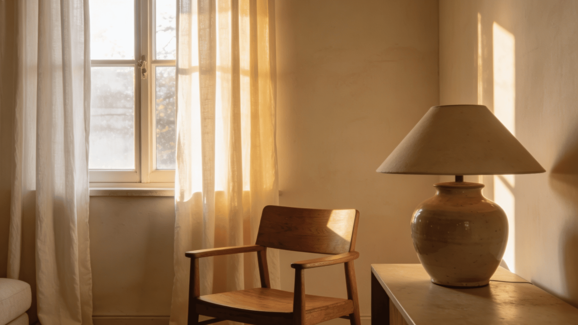 Warm sunlight through a large window in a beige-toned room with wooden furniture
