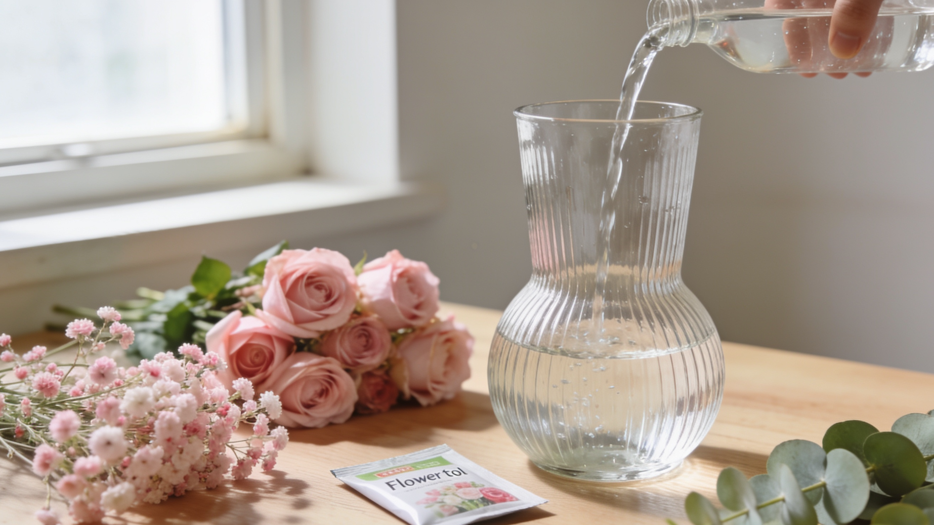 water being poured into a ribbed glass vase with pink roses and baby’s breath nearby