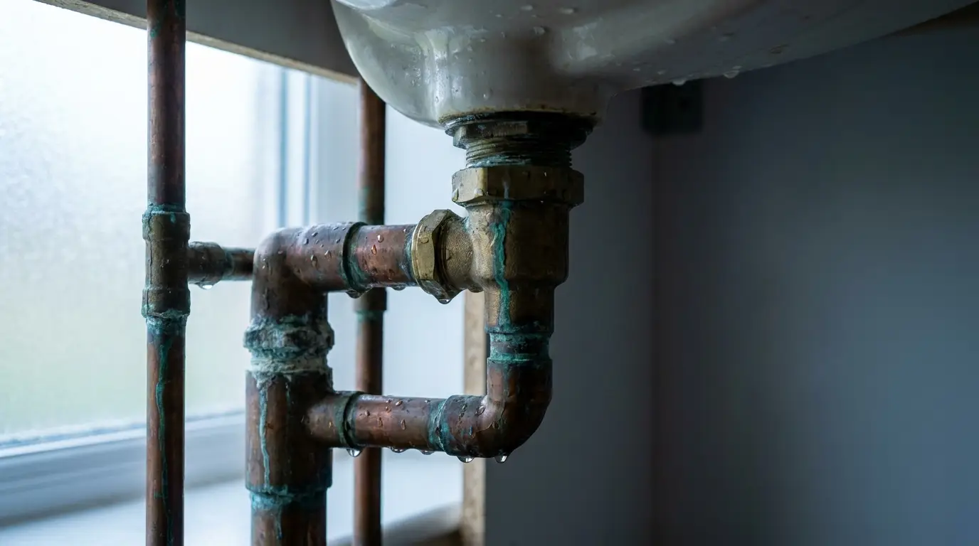 Corroded copper plumbing pipes under a sink with water droplets in dimly lit space