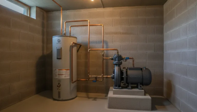 Water heater and pump system with copper pipes in concrete basement room