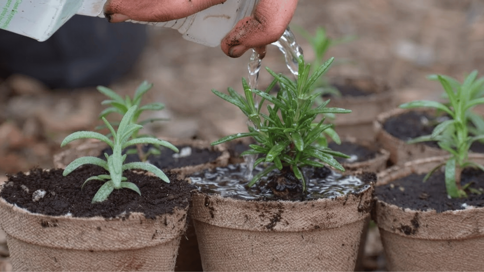 Hand watering young rosemary seedlings in biodegradable pots on soil outdoors.