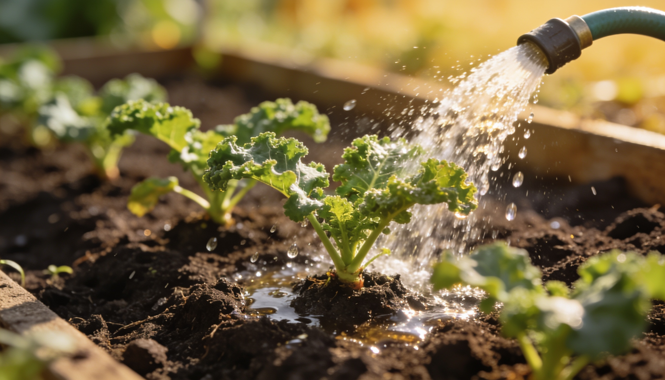 watering young kale plants with a garden hose to maintain consistent soil moisture during the growing season