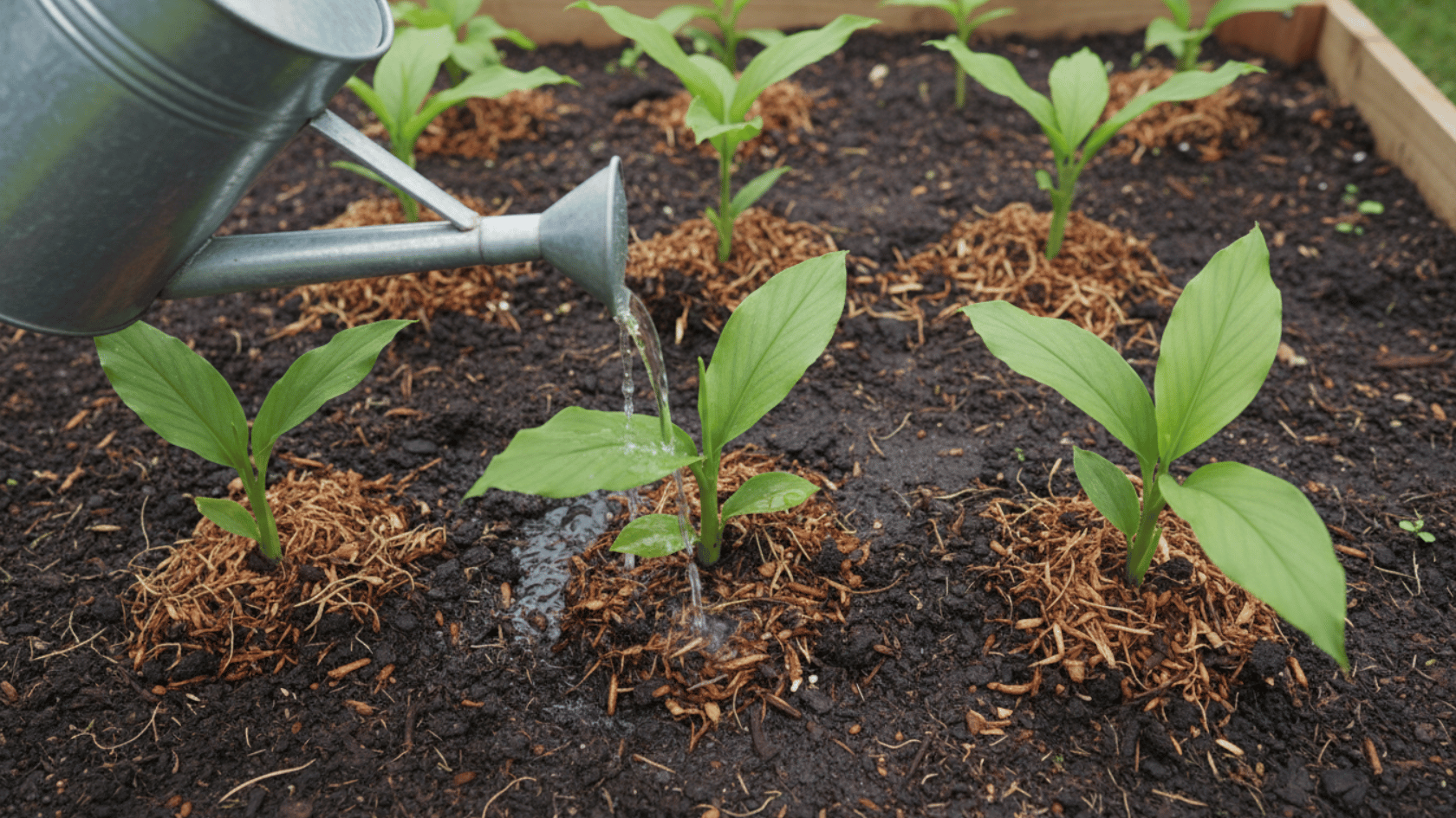 Young turmeric plants watered with a watering can, mulch placed around soil base.