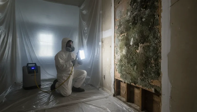 Person in protective suit inspecting moldy wall in plastic-covered room