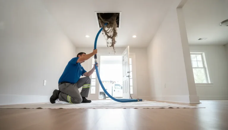 Technician cleaning air duct with blue vacuum hose in bright, empty room