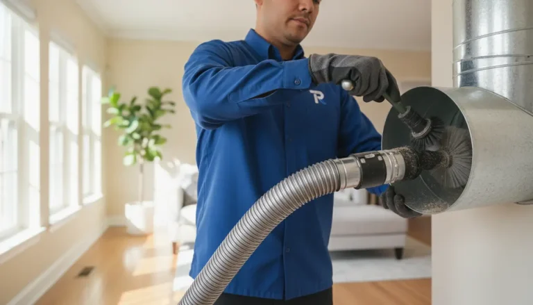 Technician cleaning air duct with vacuum and brush in bright living room