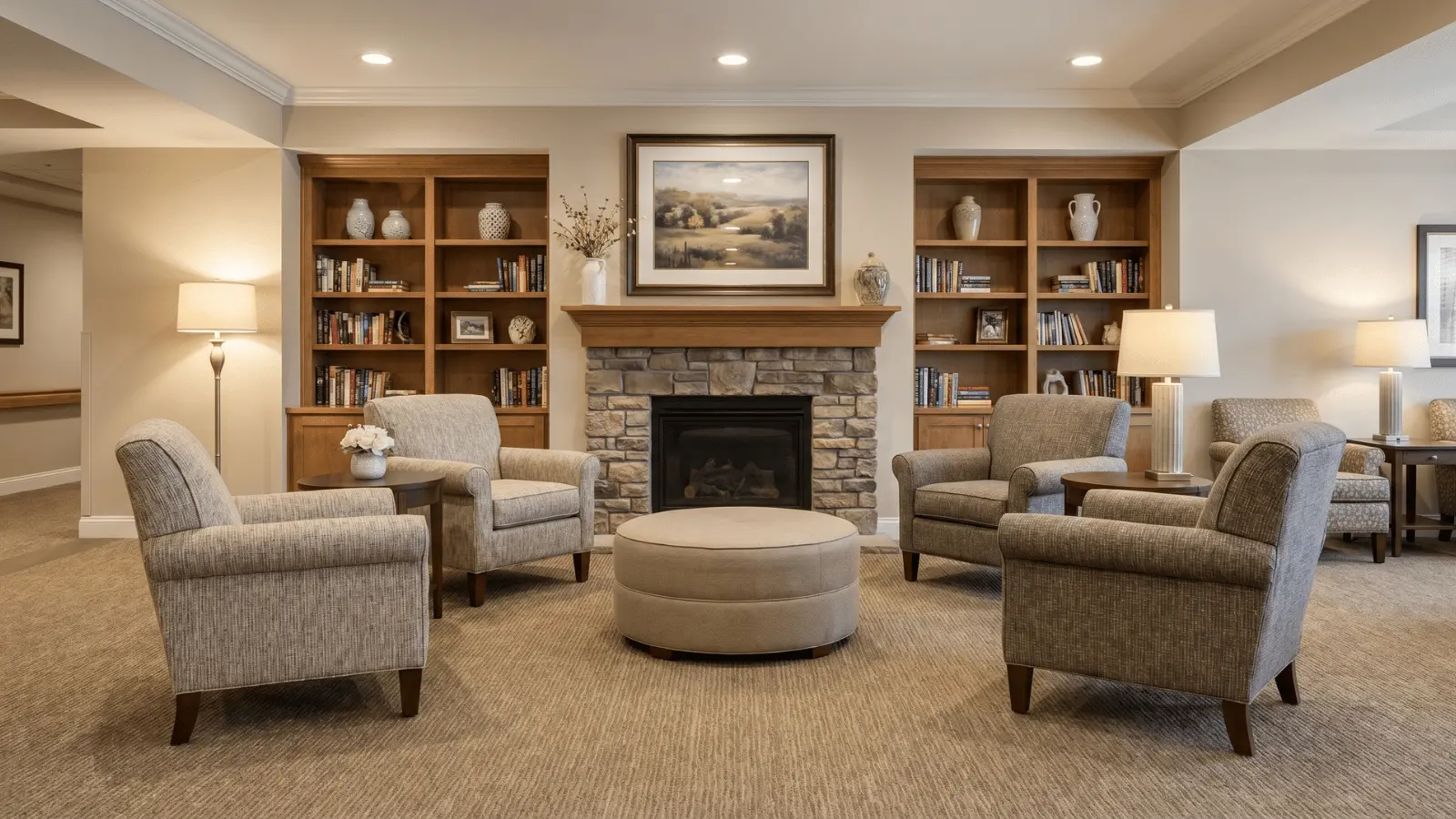Senior living lounge with armchairs, round ottoman, fireplace, built-in shelves, and framed wall art