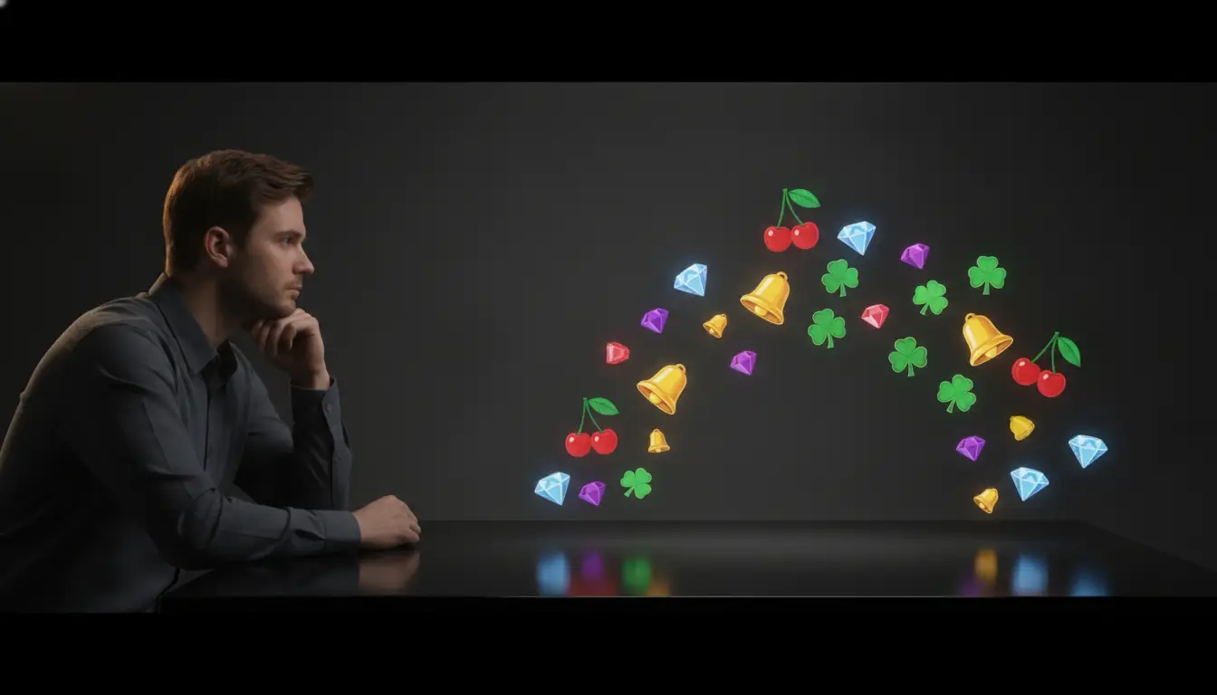 Man in thoughtful pose at desk with floating colorful symbols on dark background