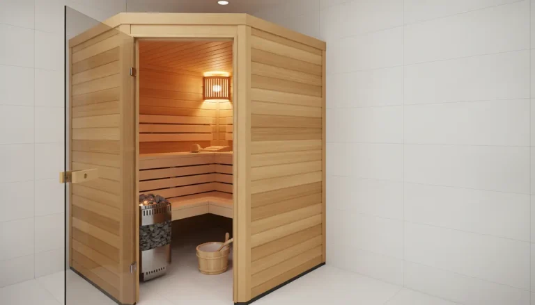 Wooden sauna room with open door and warm lighting in tiled bathroom setting