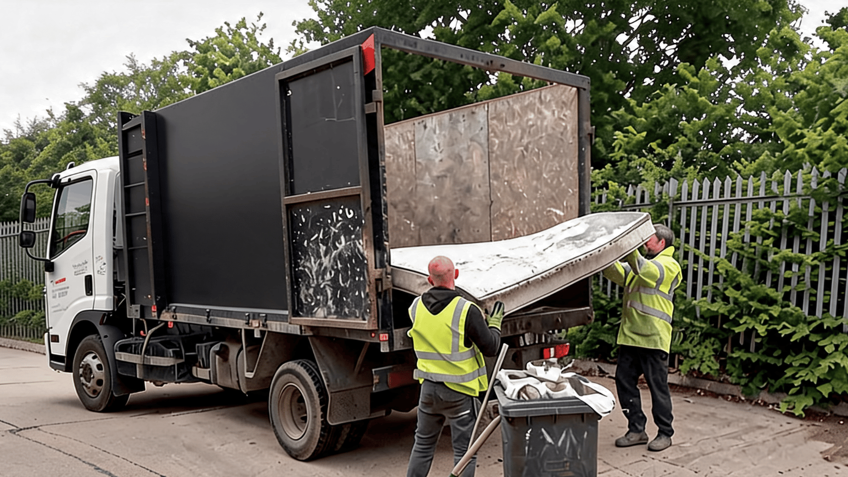 Two workers in high-visibility vests loading an old mattress into a junk removal truck outdoors at curbside