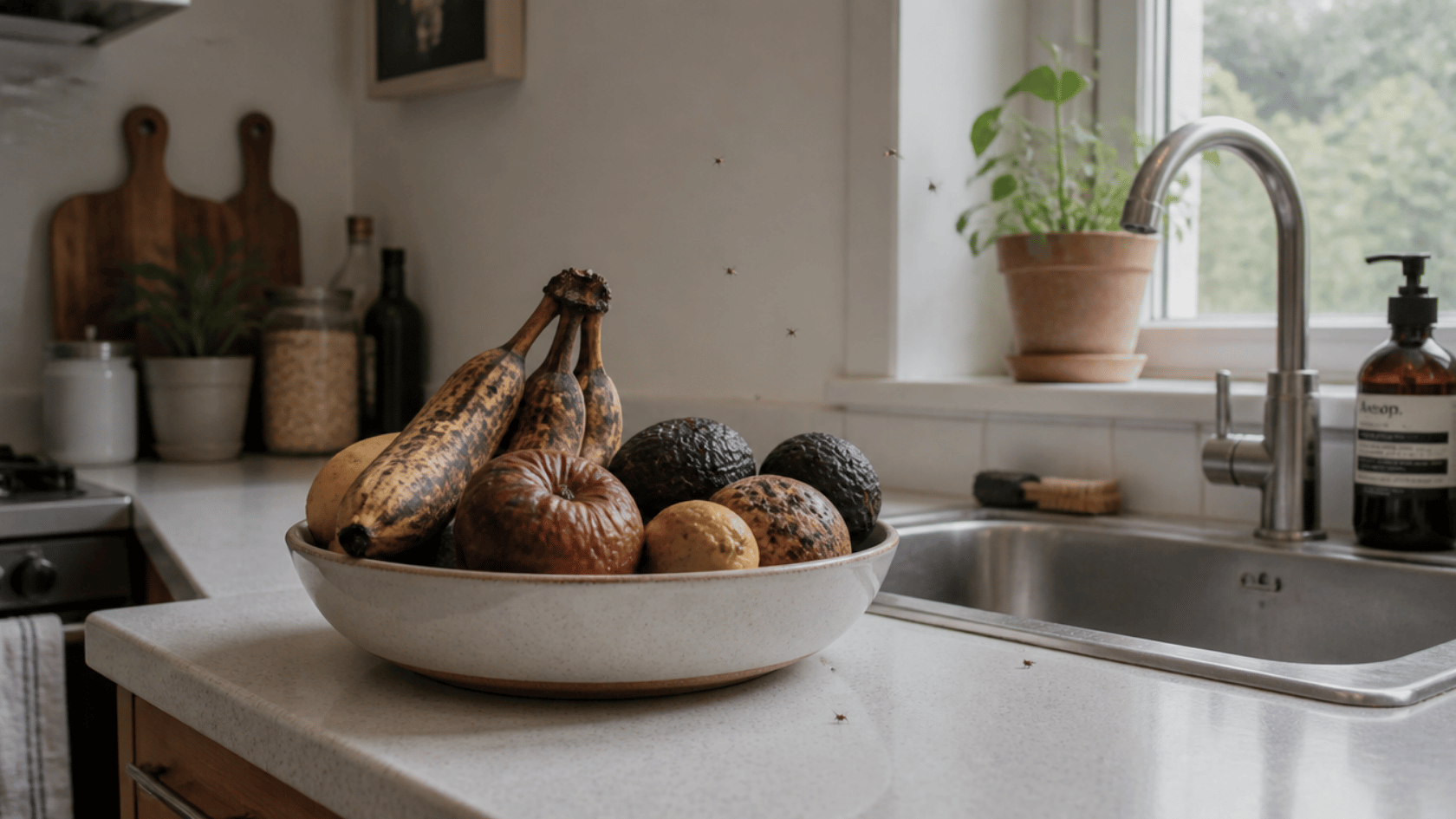 Kitchen counter with overripe fruit bowl and sink drain with a few fruit flies present