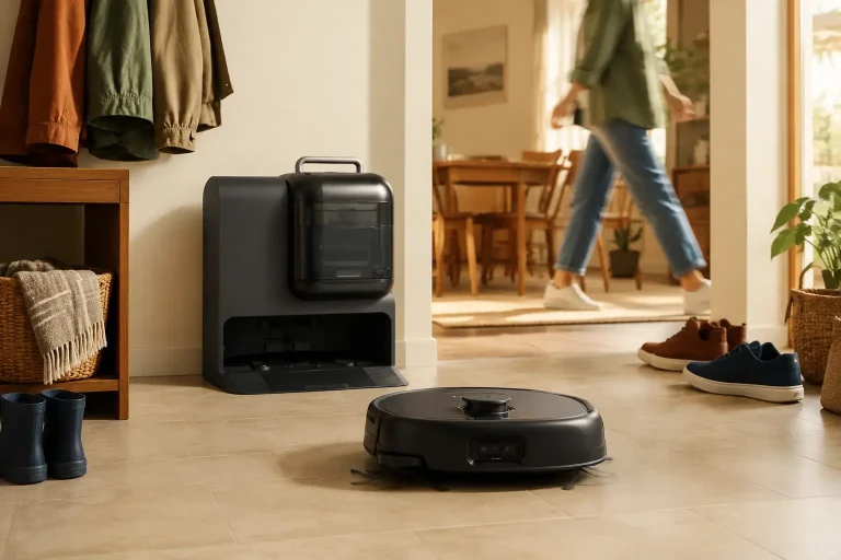 Robotic vacuum cleaning a tiled floor in a warmly lit entryway with shoes and coats nearby