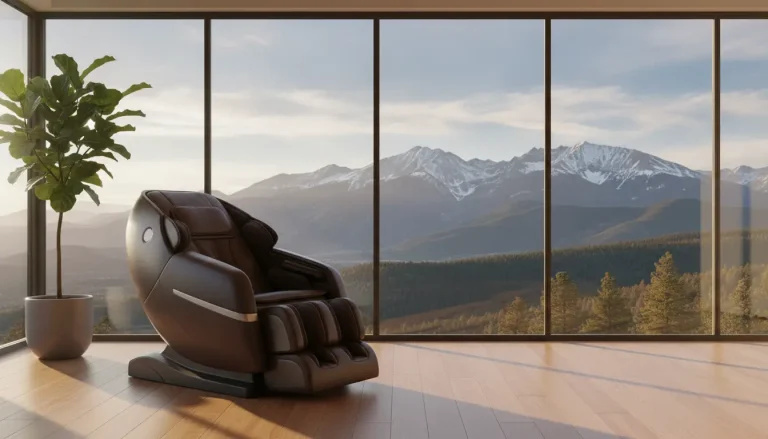 Luxurious brown massage chair in front of floor-to-ceiling windows with mountain view