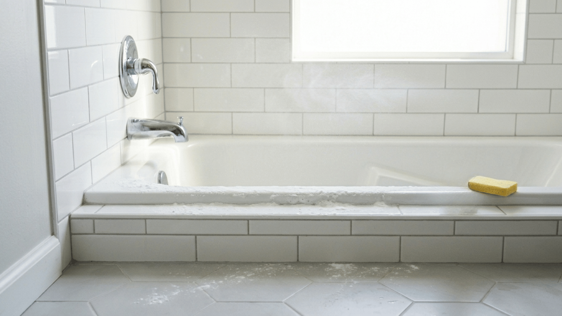 white bathtub with foam cleaner on the ledge, a sponge beside clean subway tile wall and bright window