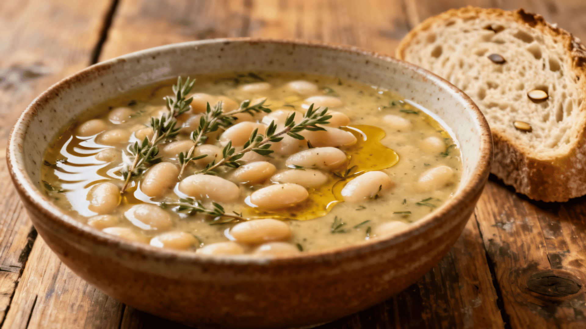 white bean soup garnished with fresh thyme and olive oil, served with a slice of rustic bread on a wooden table