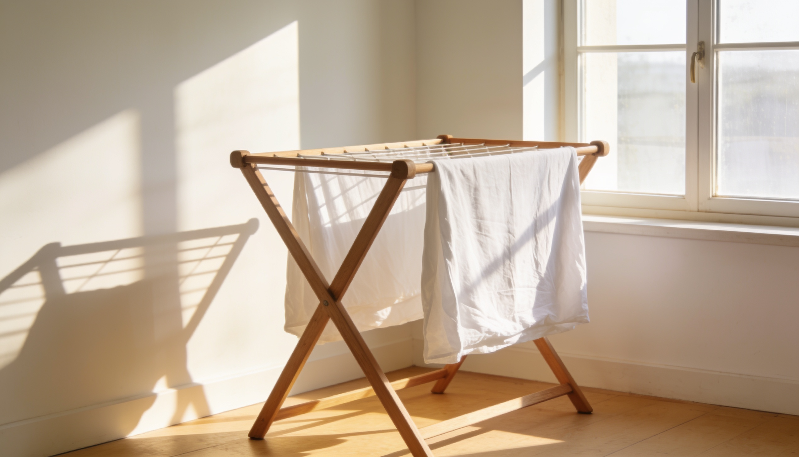 white bed sheets air drying on a wooden drying rack near a sunlit window in a bright and airy room