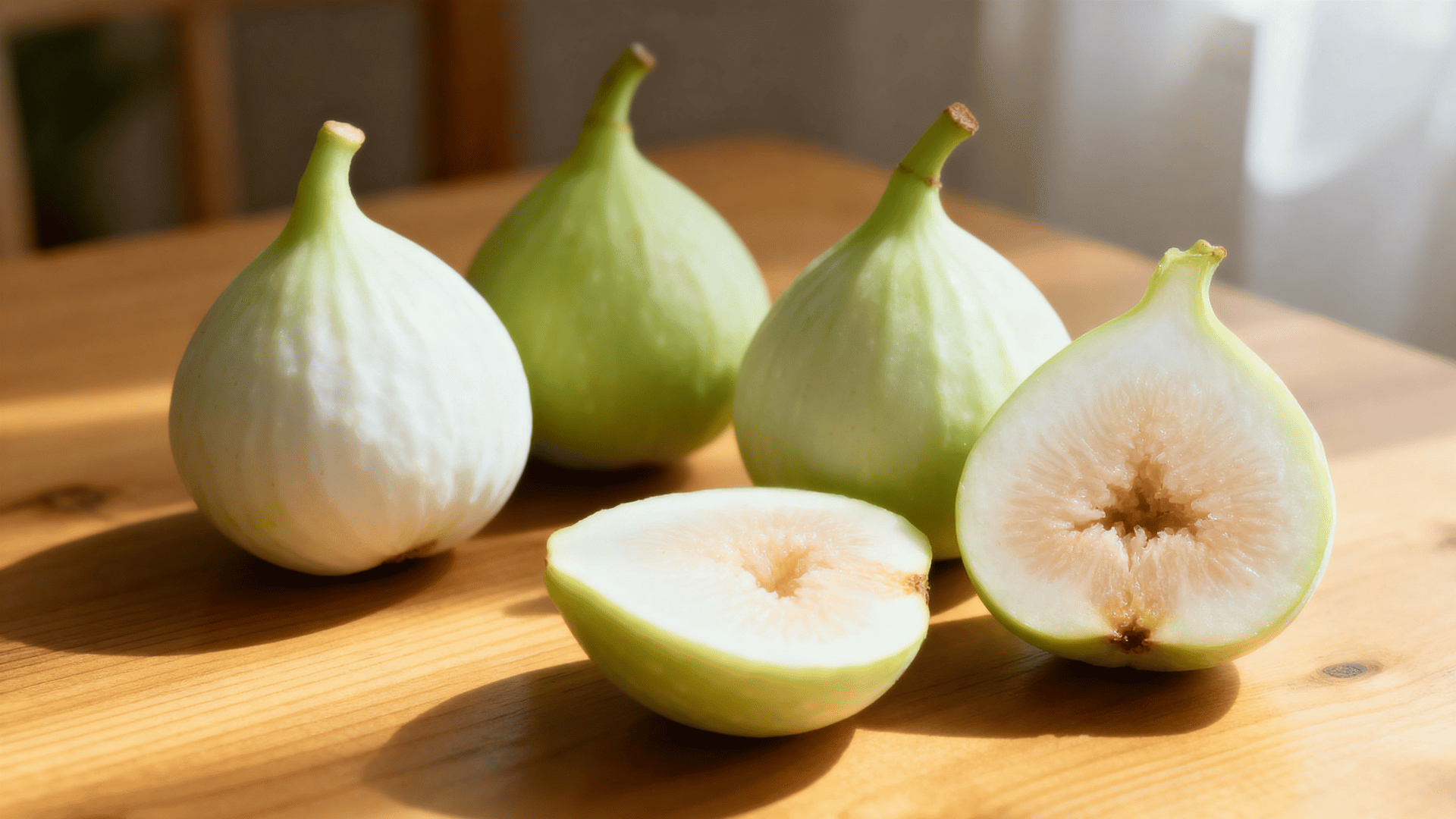 white genoa figs light green skin on wood sliced showing pale soft interior daylight