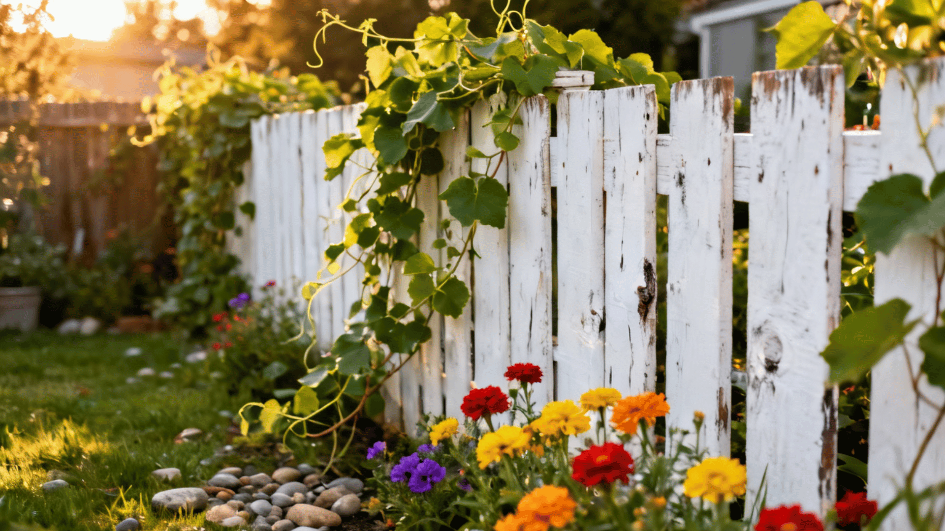 white painted pallet fence with climbing vines colorful flowers and garden stones lining a backyard in warm evening light