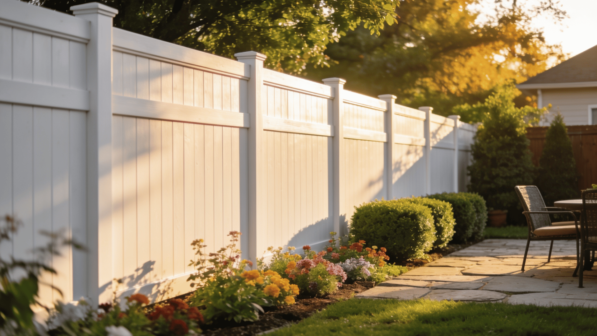 white privacy fence bordering a landscaped backyard with flower beds, trimmed shrubs, patio seating, and warm sunset light