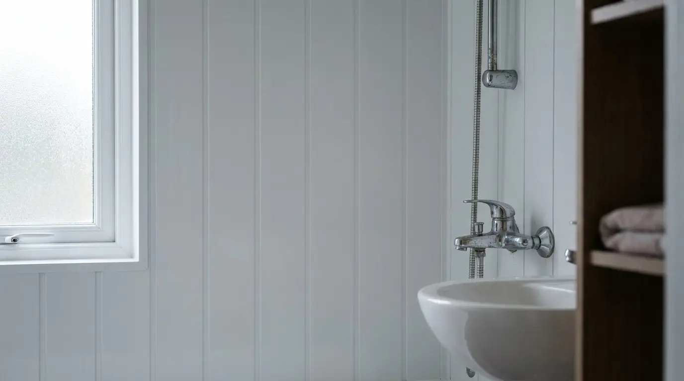 White bathroom with round sink, chrome faucet, and folded towels on wooden shelf