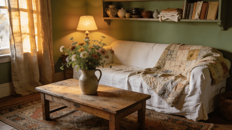 white slipcovered linen sofa draped with a faded patchwork quilt, thrifted pine coffee table holding a stoneware jug of fresh garden flowers, sage green walls, layered vintage rug, open shelf of m