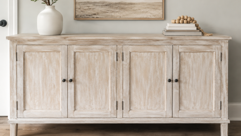 whitewashed wooden sideboard with black hardware styled with a vase books and neutral wall art above