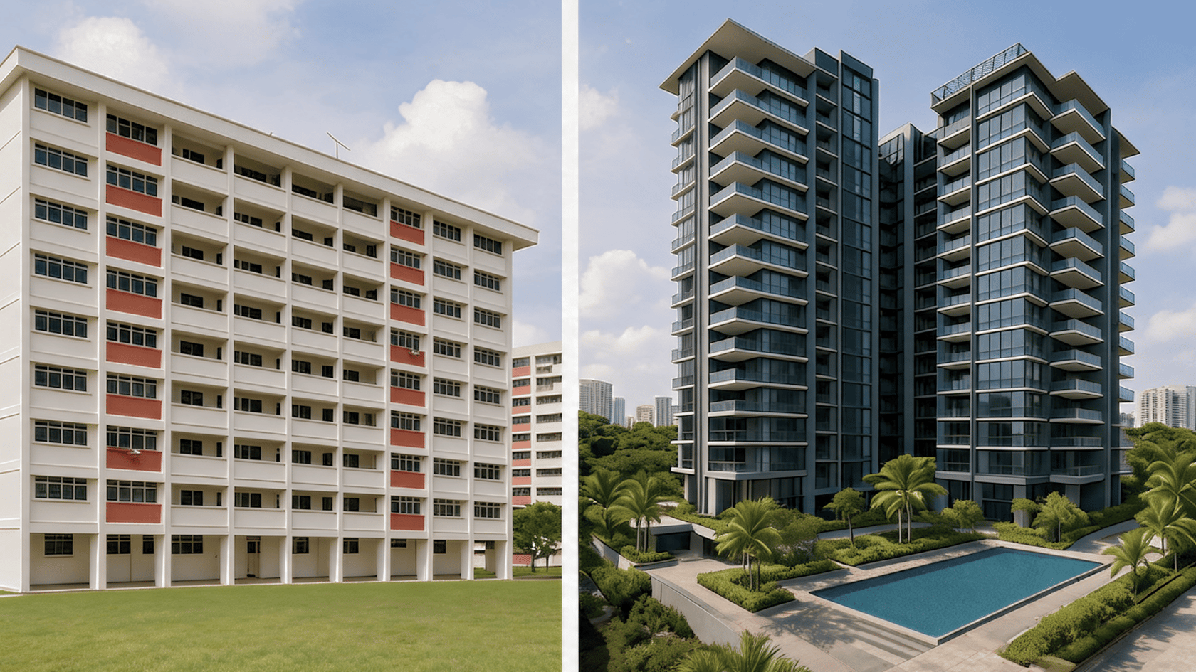 Two multi-story residential buildings side by side in urban street setting