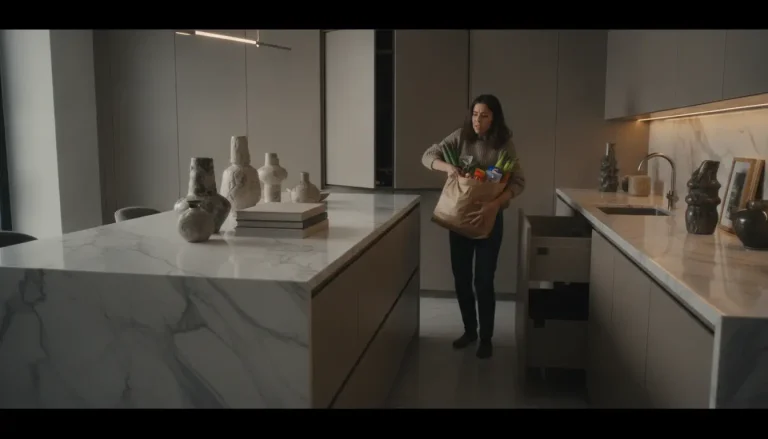 Woman holding grocery bag in modern kitchen with marble countertops and decorative vases