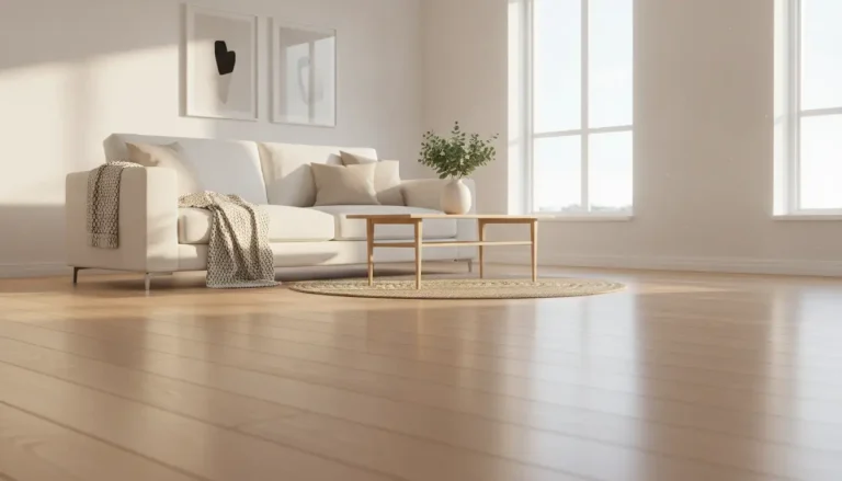 Modern living room with white sofa, wooden coffee table, and large windows in bright natural light