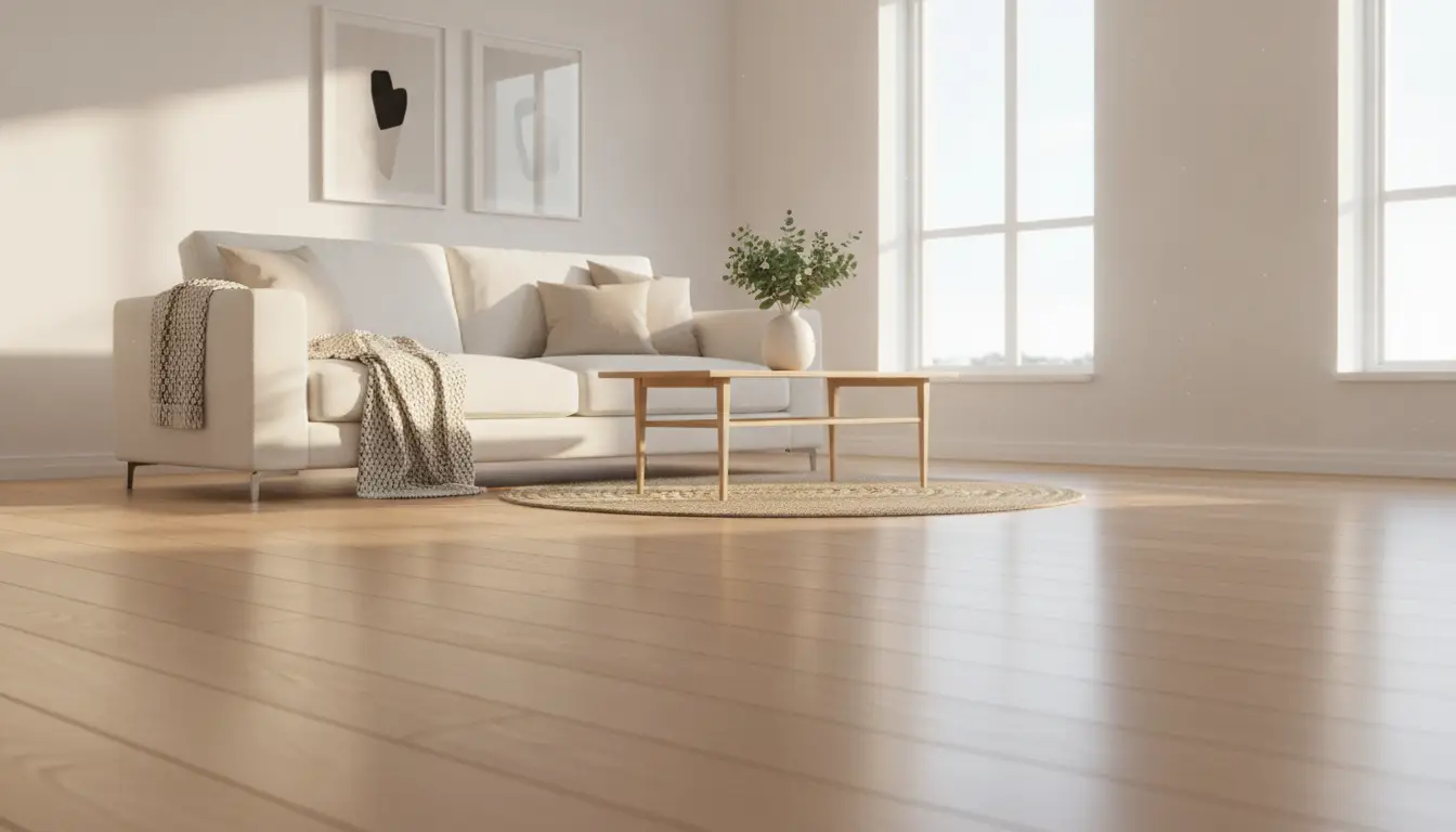 Modern living room with white sofa, wooden coffee table, and large windows in bright natural light