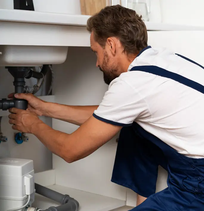Plumber fixing a pipe under a kitchen sink wearing a blue uniform