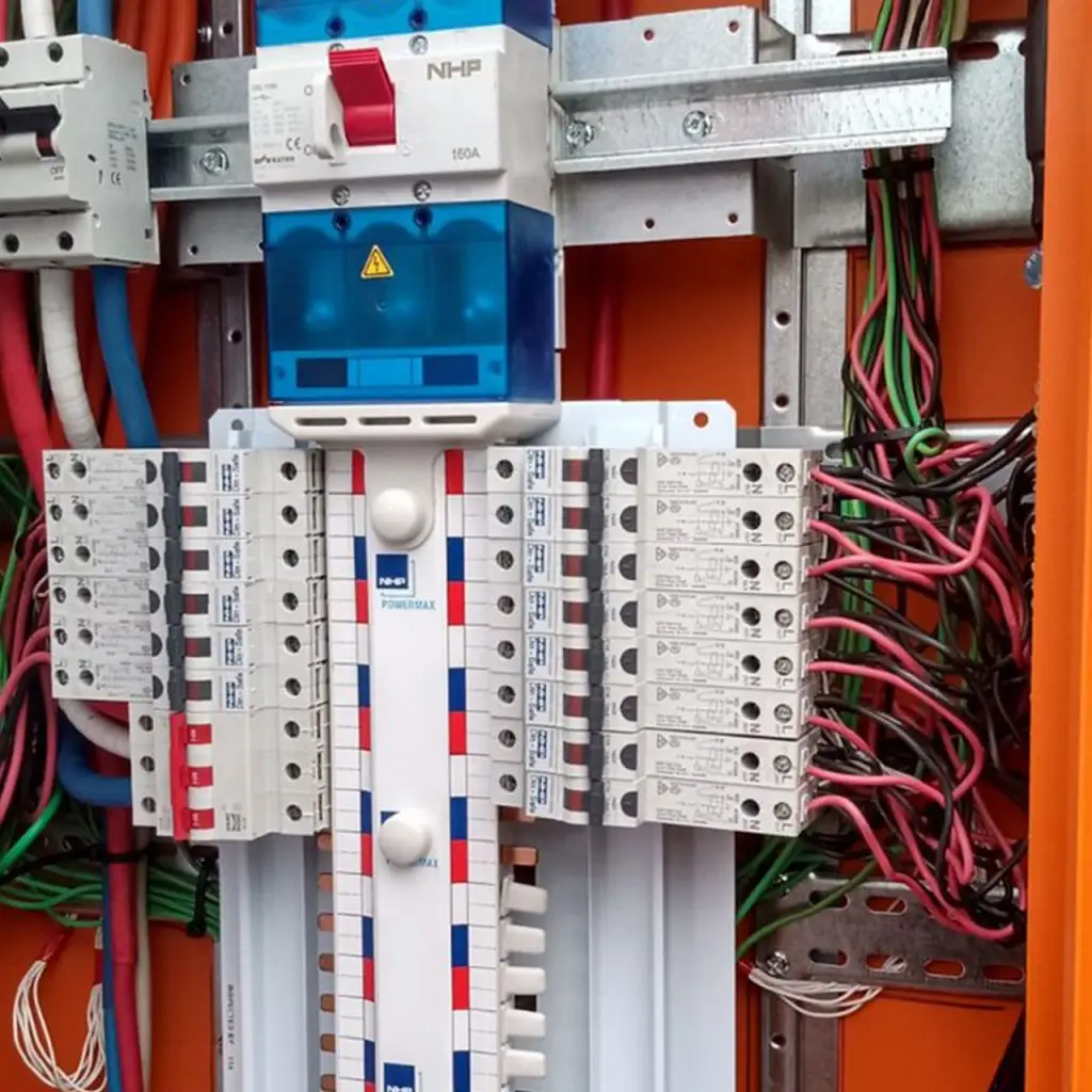 Electrical circuit breaker panel with colored wires and switches in an industrial setting