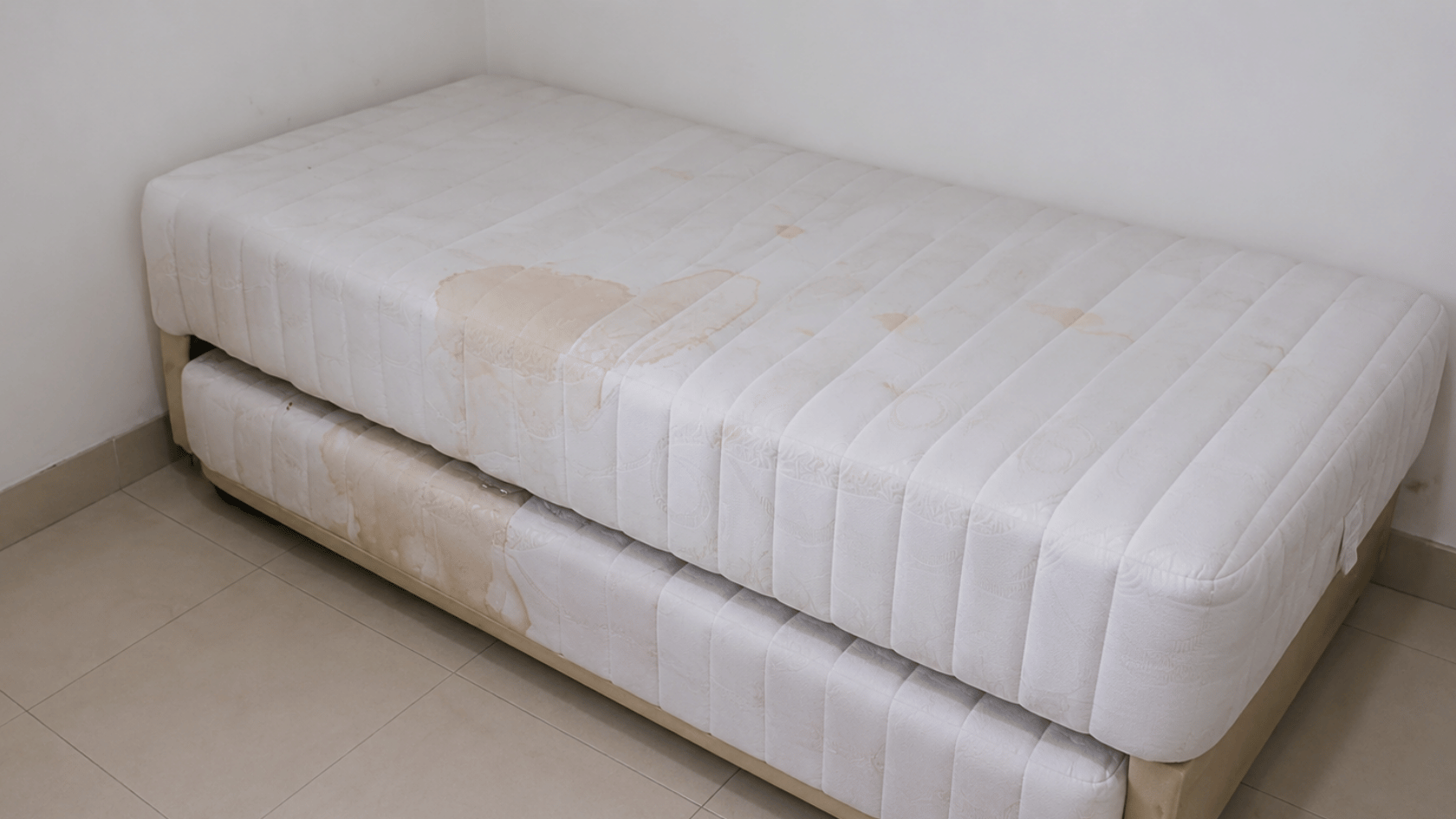Stained mattress placed in a corner of a room showing visible discoloration and wear marks.