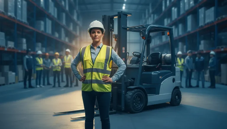 Worker in safety vest and helmet standing confidently near a forklift in a spacious warehouse