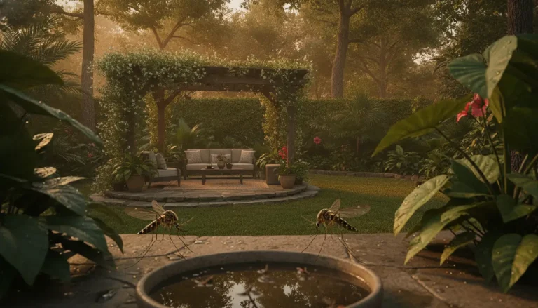 Garden patio with wooden pergola, surrounded by plants, large mosquitoes near birdbath in foreground