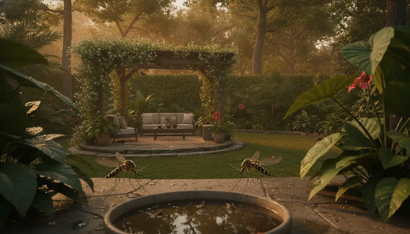 Garden patio with wooden pergola, surrounded by plants, large mosquitoes near birdbath in foreground