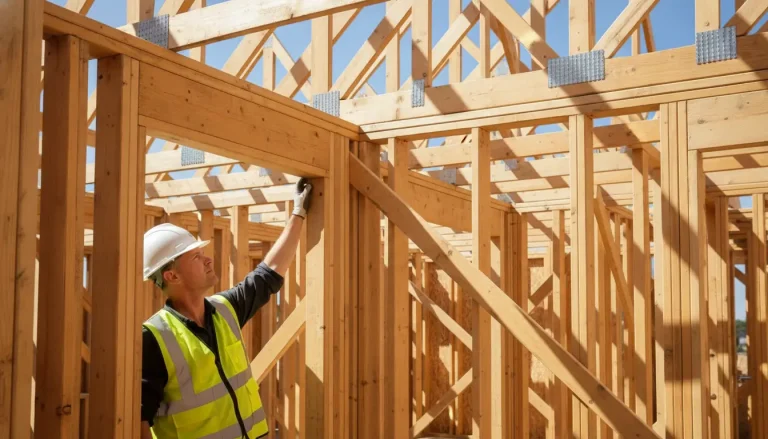 Construction worker inspecting timber frame of house under clear blue sky