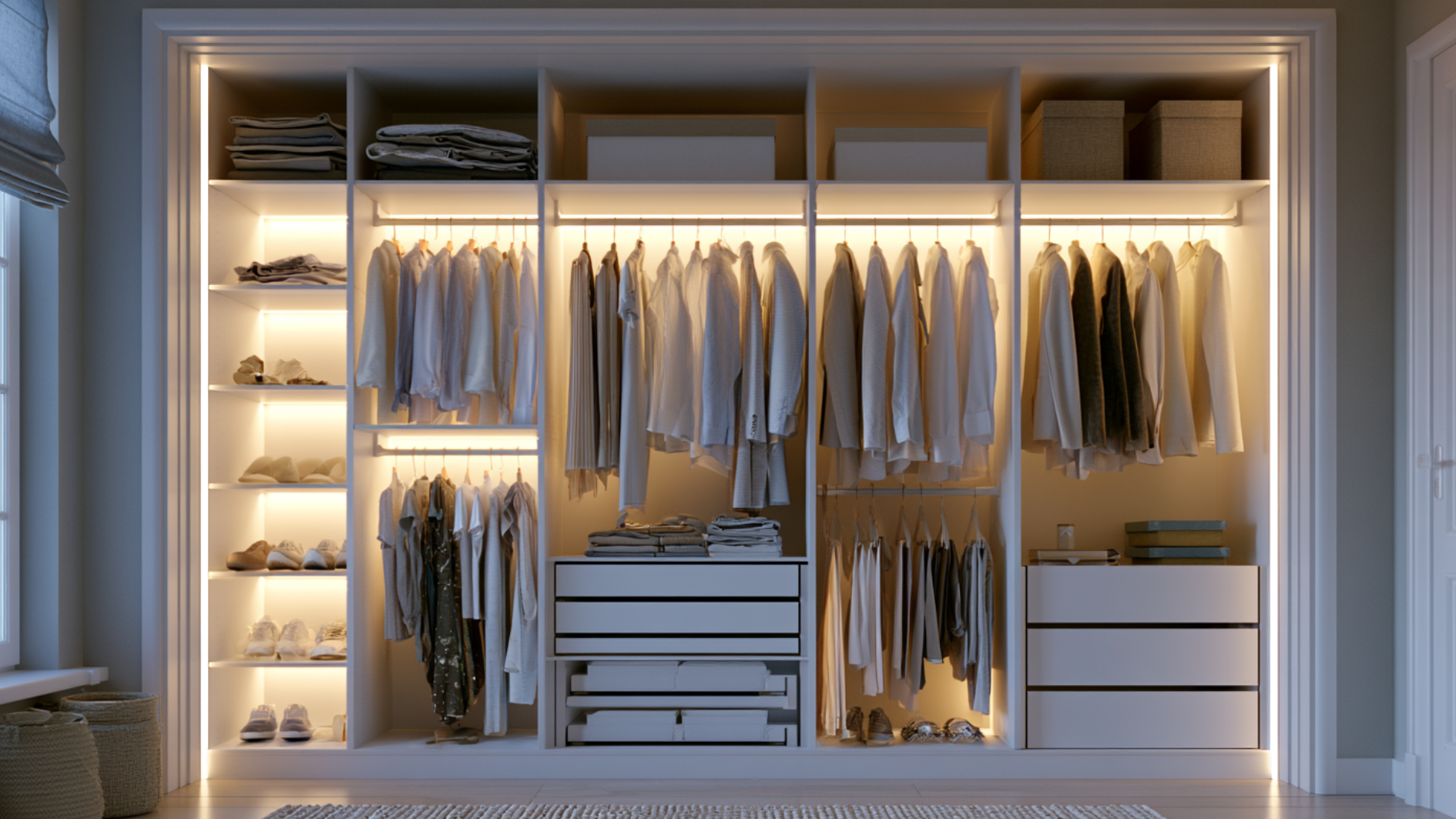 wide built-in closet with warm lighting, hanging clothes, drawers, shelves, and storage boxes