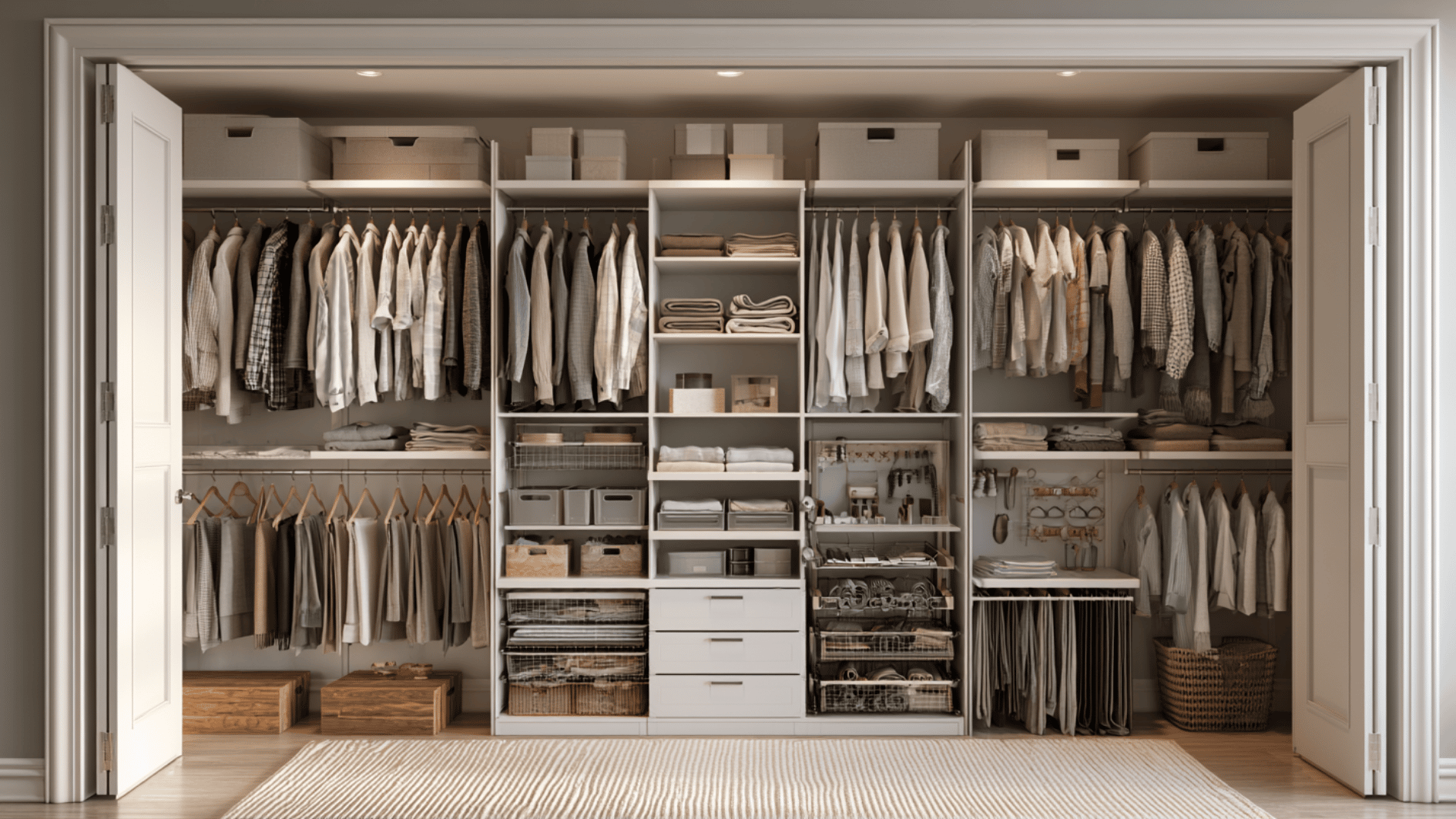wide built-in walk-in closet with organized hanging clothes, drawers, shelves, and storage bins