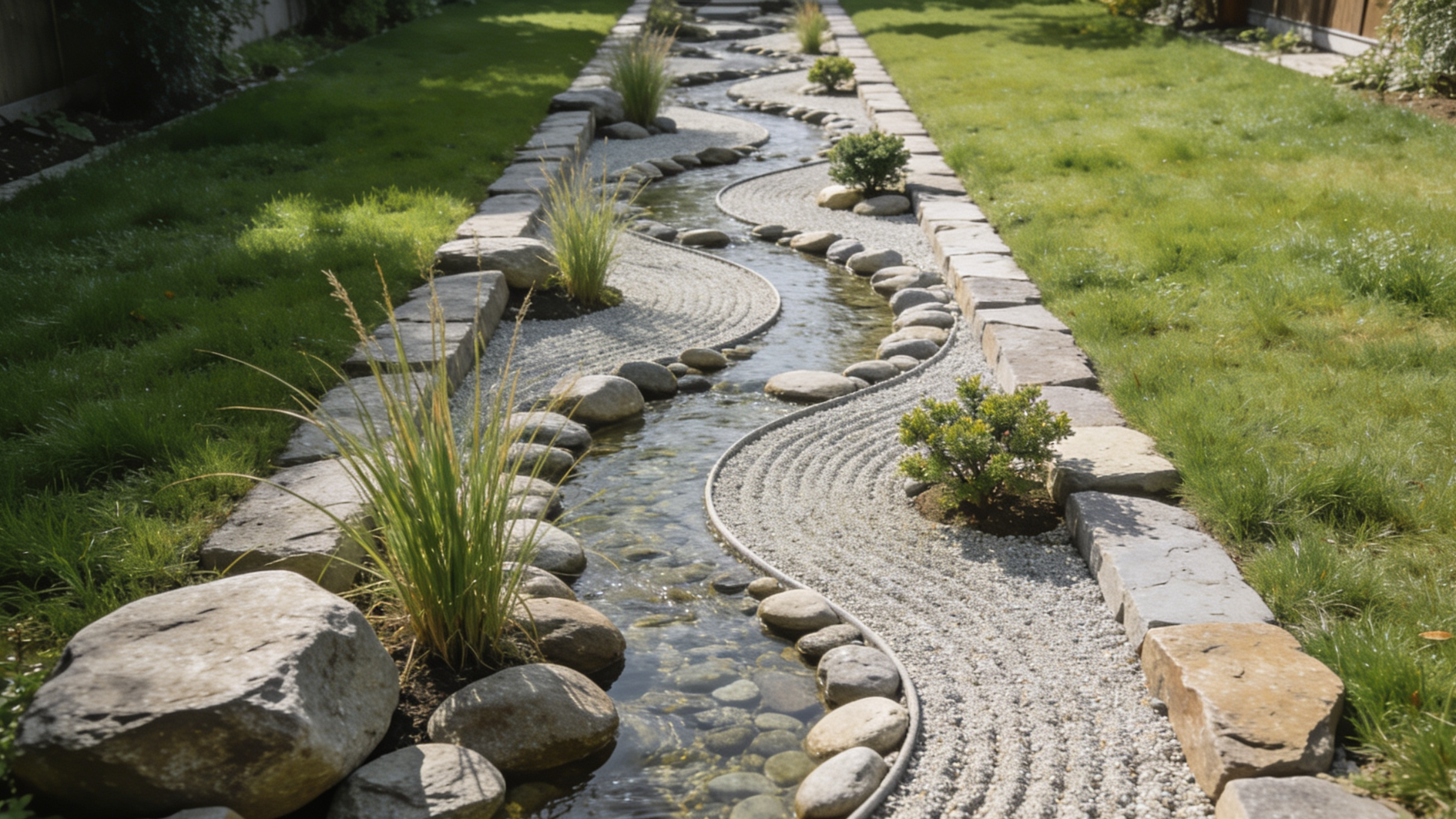 winding zen garden stream with raked gravel, stones, and grass bordered by stone edges