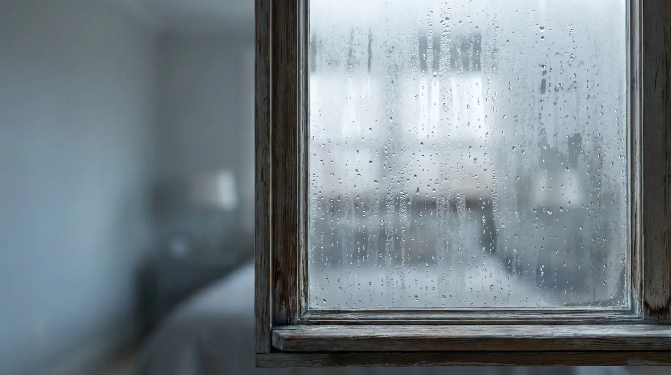 Raindrops on foggy window with blurred room in soft gray tones