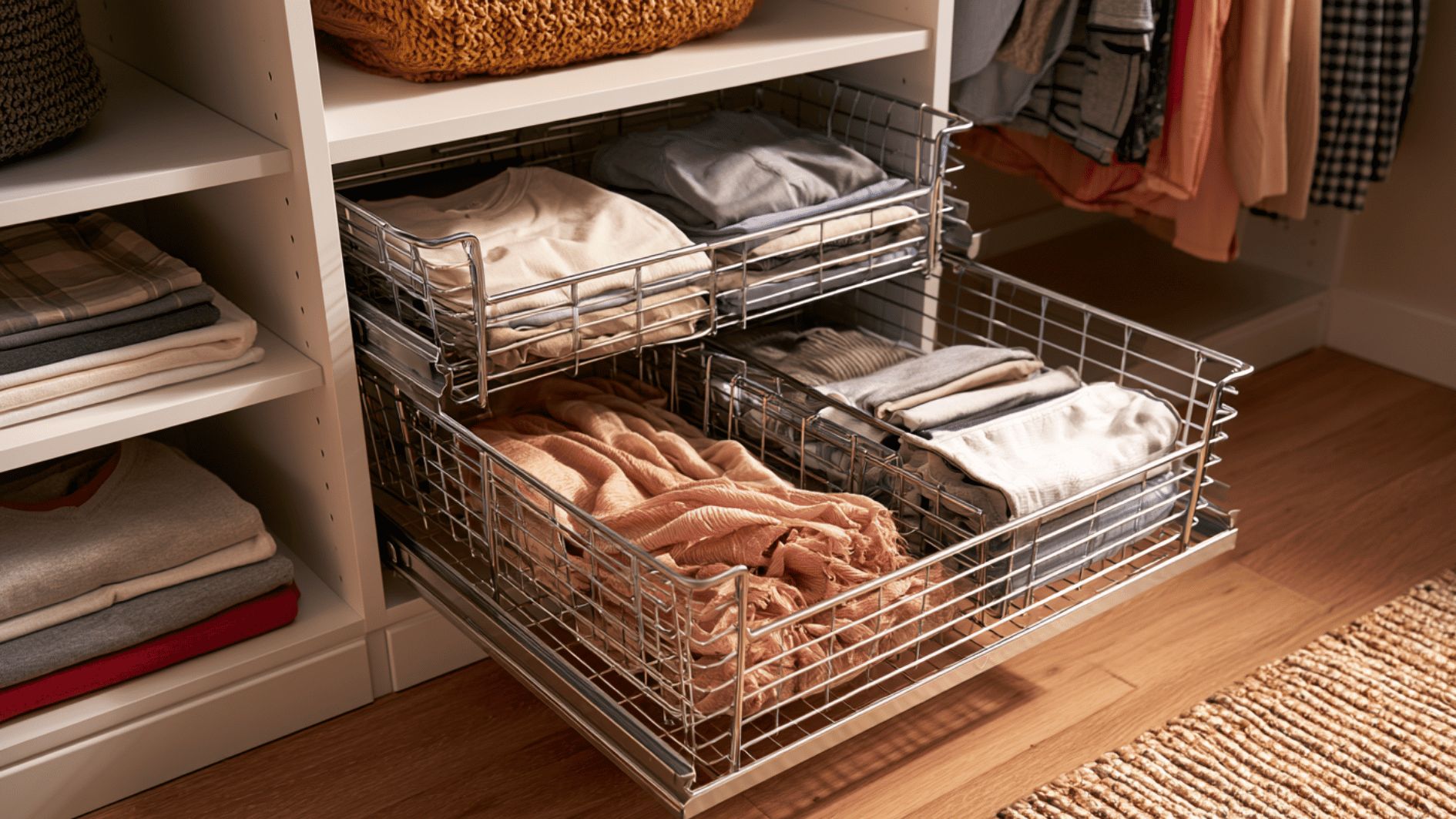 wire pull-out closet drawers with folded clothing and sweaters in organized wardrobe storage