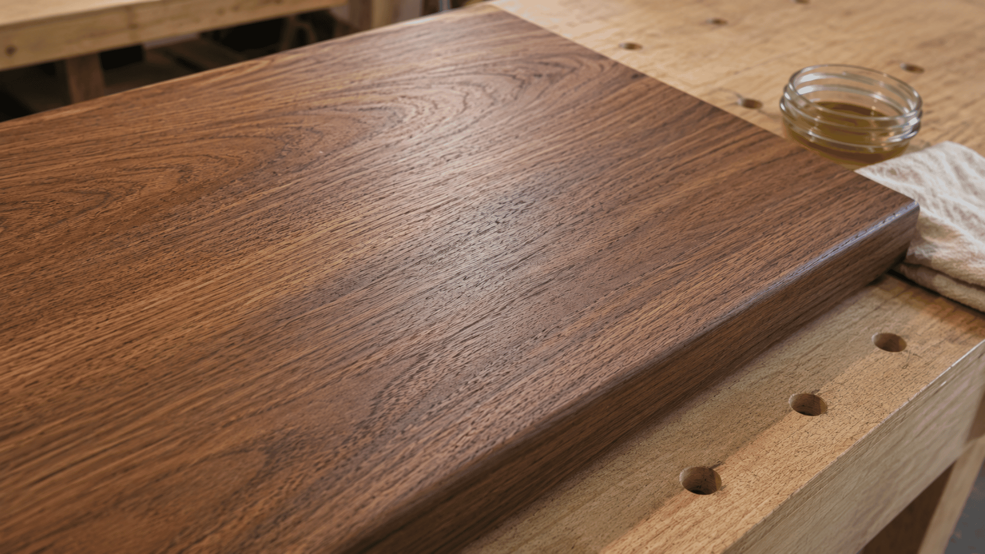 Finished wooden board with a smooth cured surface, visible grain, cloth, and finish container on a workshop bench.