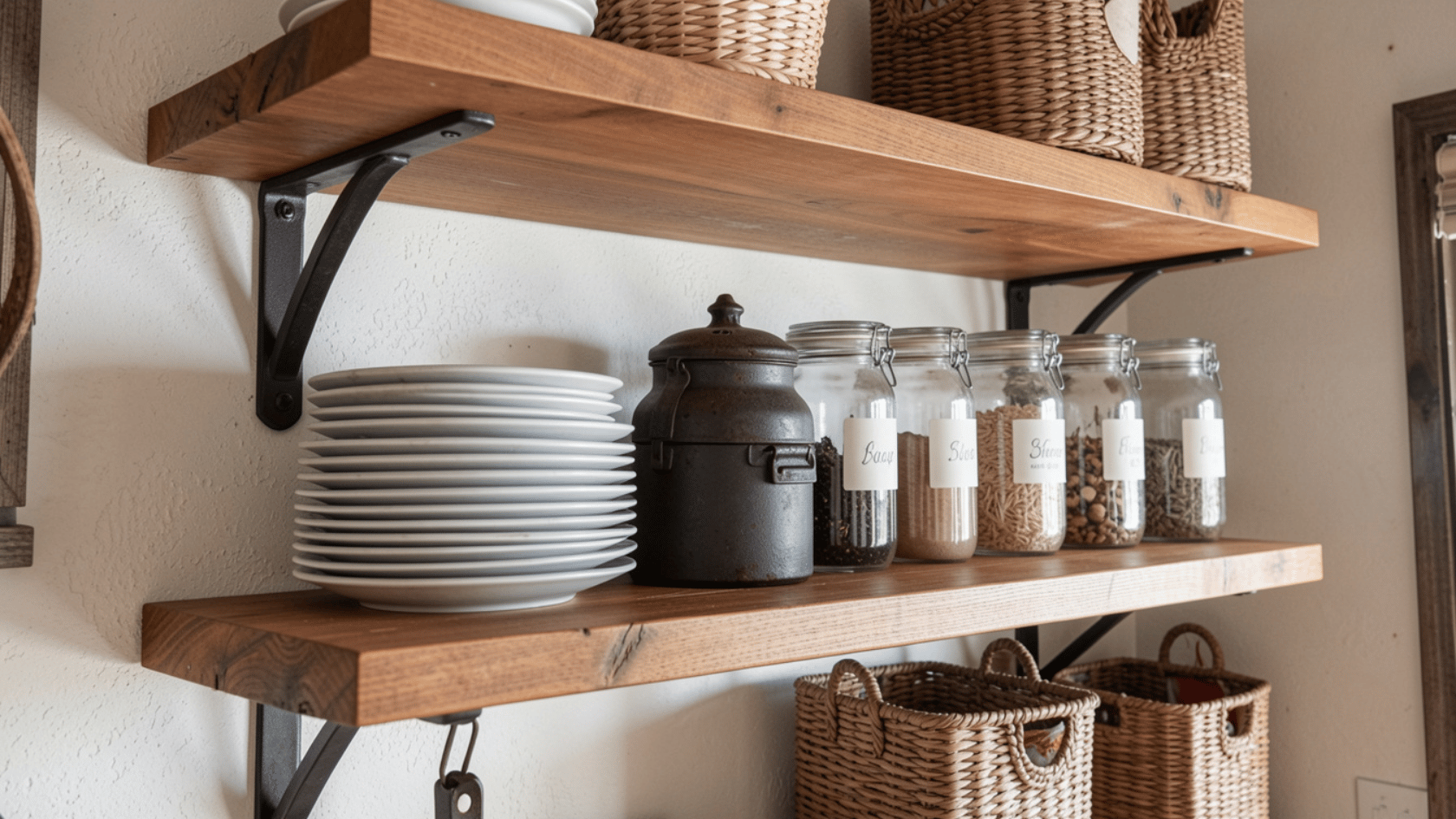 Wood open shelves with plates, cast iron, glass jars, and woven baskets in a rustic French country kitchen