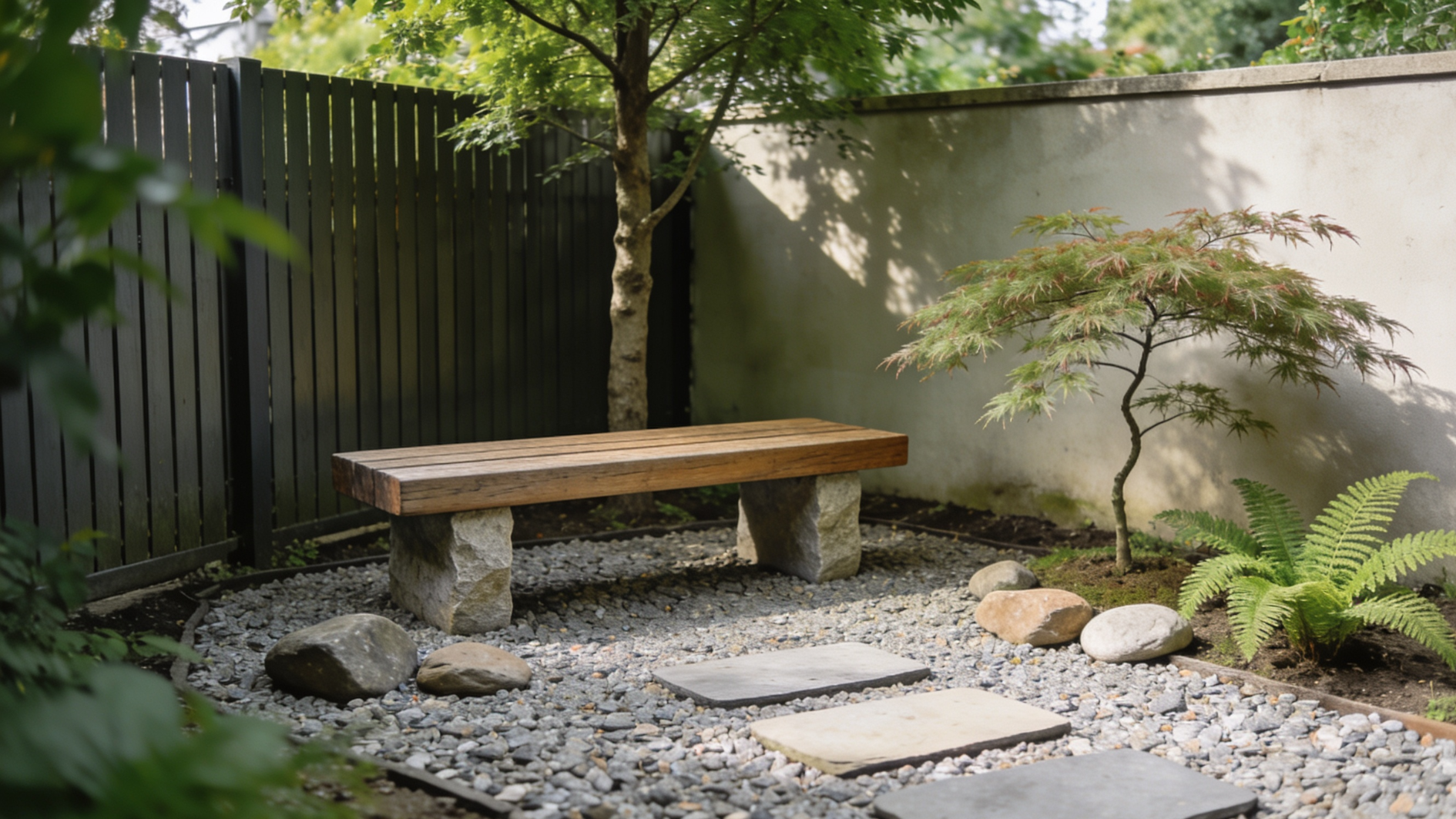 wooden bench on stone supports in zen garden with gravel, rocks, maple tree, and ferns