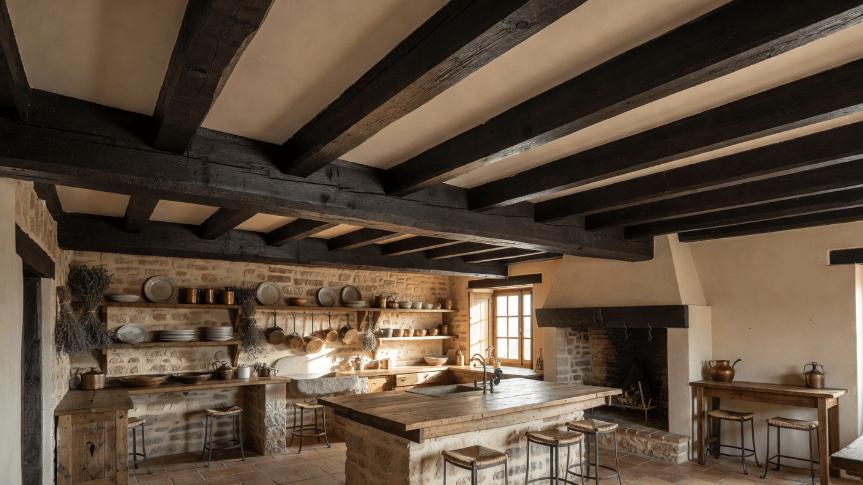 Wooden ceiling beams above a rustic <echighlighted><echighlighted>French country kitchen</echighlighted></echighlighted> with a white ceiling and farmhouse details