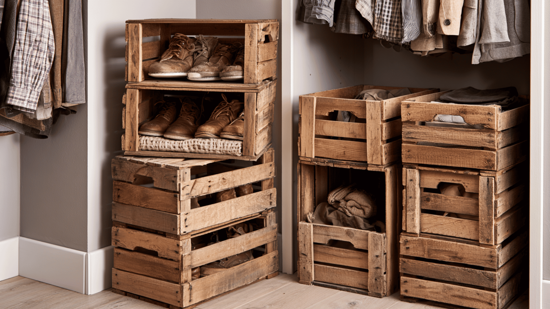 wooden crate storage with shoes, folded clothes, and rustic stacked boxes in closet space